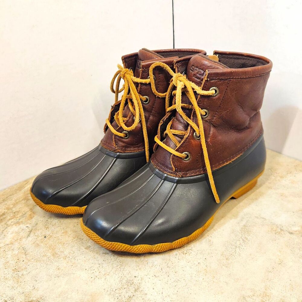 Sperry Saltwater Lace Up Duck Boots Brown Black Leather Waterproof Women's 6M